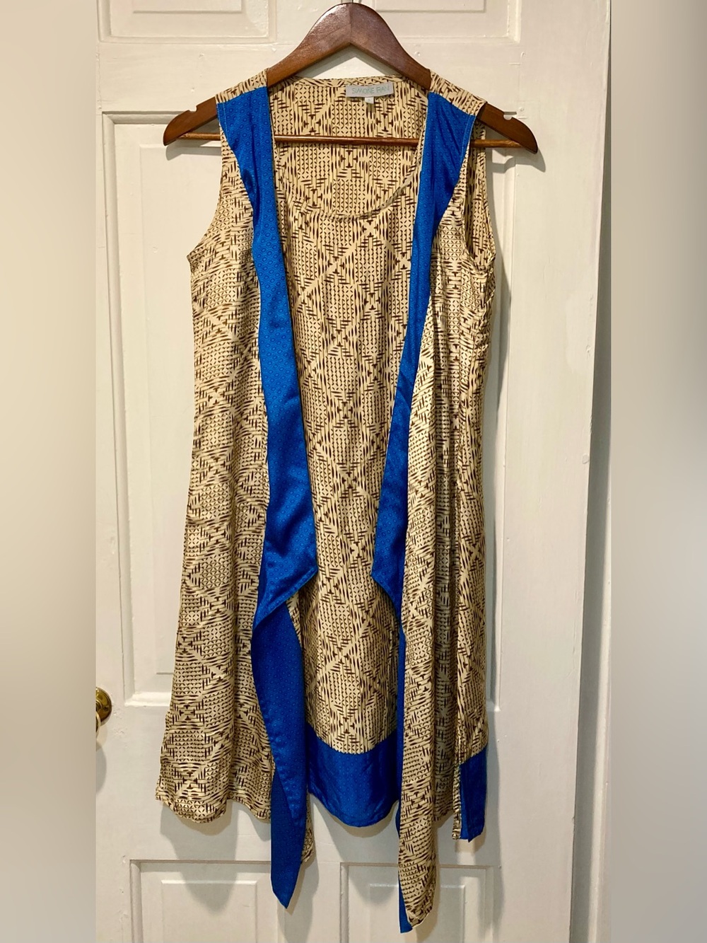 Tan Patterned Dress with Royal Blue Trim